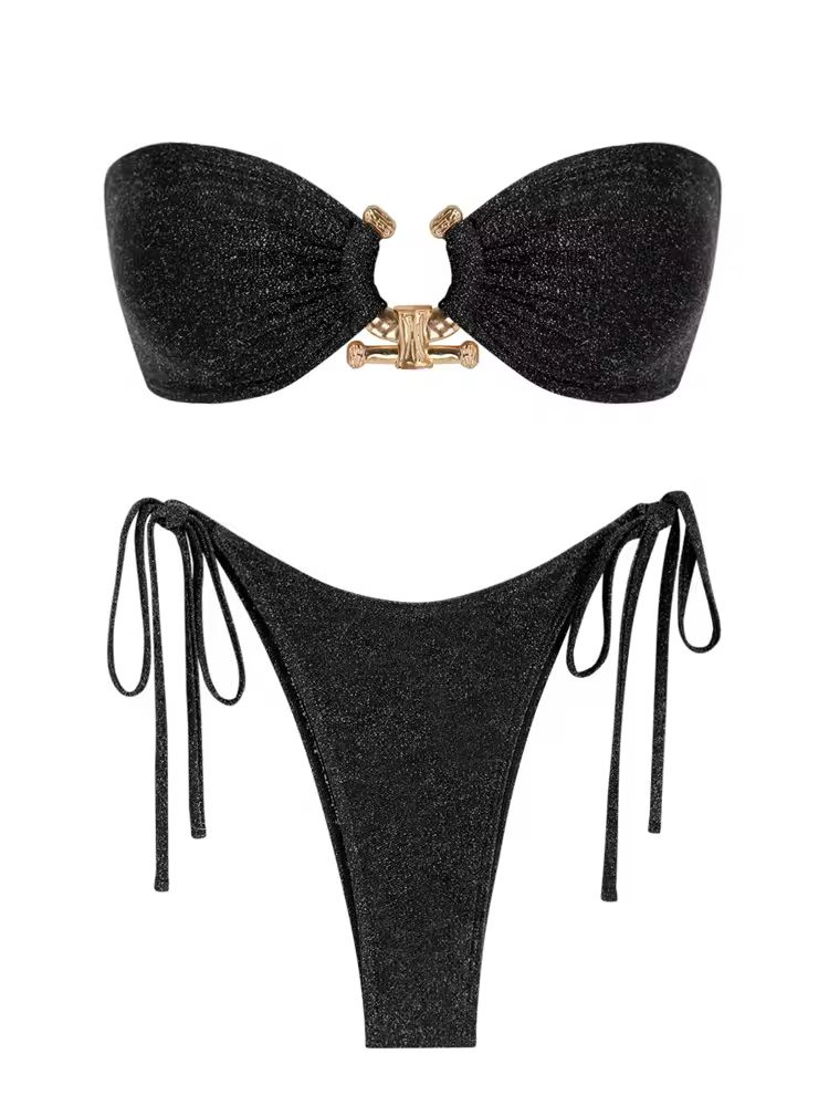 Minimalist black bandeau bikini set with gold O-ring detail and high-leg side-tie bottoms, perfect for luxury summer swimwear looks.