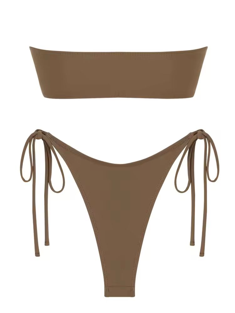 Elegant mocha brown bandeau bikini with gold hardware ring and adjustable low-rise bottoms – minimalist beachwear for summer 2025.