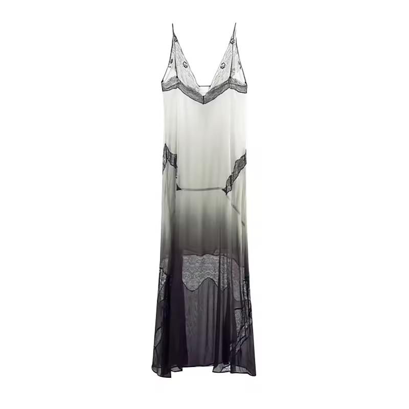 Ombre Mesh Chic Dress – sheer lace maxi dress in black and white ombre, sleeveless V-neck, Chic & Charm