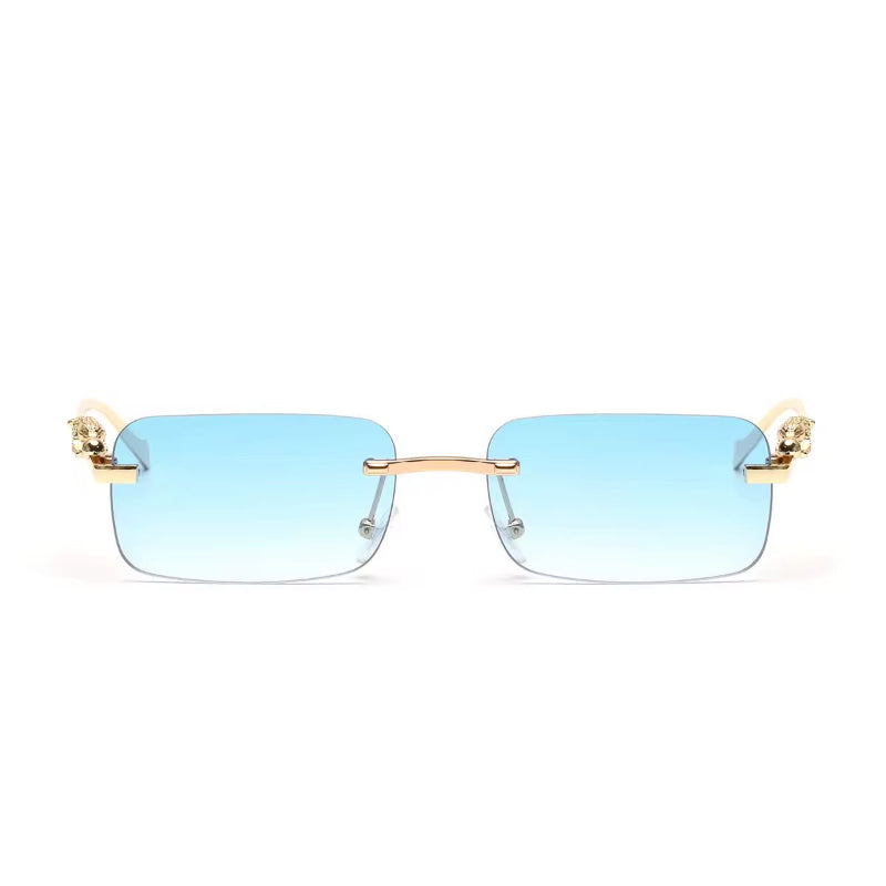 Blue gradient rimless sunglasses with gold temples and UV400 sun protection