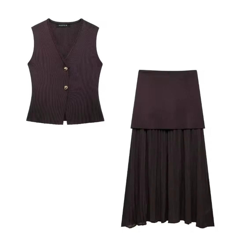 Paris City Muse brown two-piece summer set – sleeveless V-neck vest and flowing layered maxi skirt – casual chic outfit for city and events.