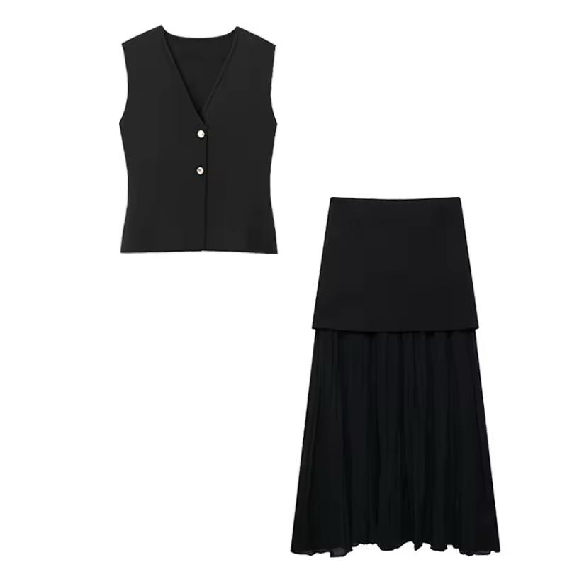 Paris City Muse black two-piece set for women – sleeveless vest with gold buttons and layered pleated maxi skirt – elegant summer outfit 2025.