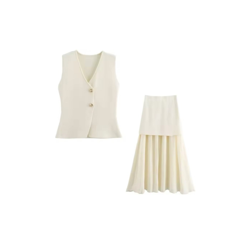 Paris City Muse white two-piece summer set – sleeveless V-neck vest and flowing layered maxi skirt – casual chic outfit for city and events.