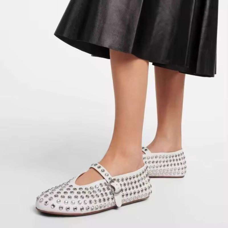 Ivory white women’s plus size flat with sparkling crystals and rubber sole – The Paris Colette Crystals ballet-style shoe