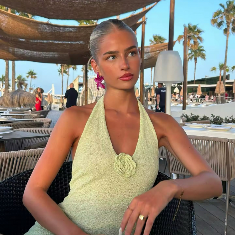 FLEURIA Dress – floral halter maxi for summer 2025. Soft, elegant & limited. Shop now in mint or cream.