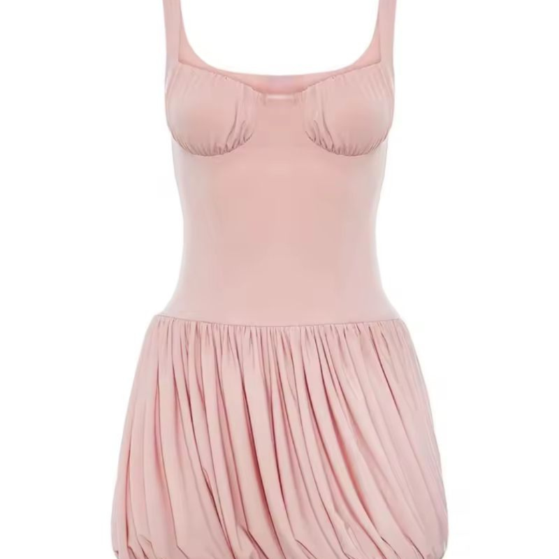 Carré Chic Rosé mini dress in blush pink and white – sleeveless square neck bodycon with underwire support, summer 2025 style.