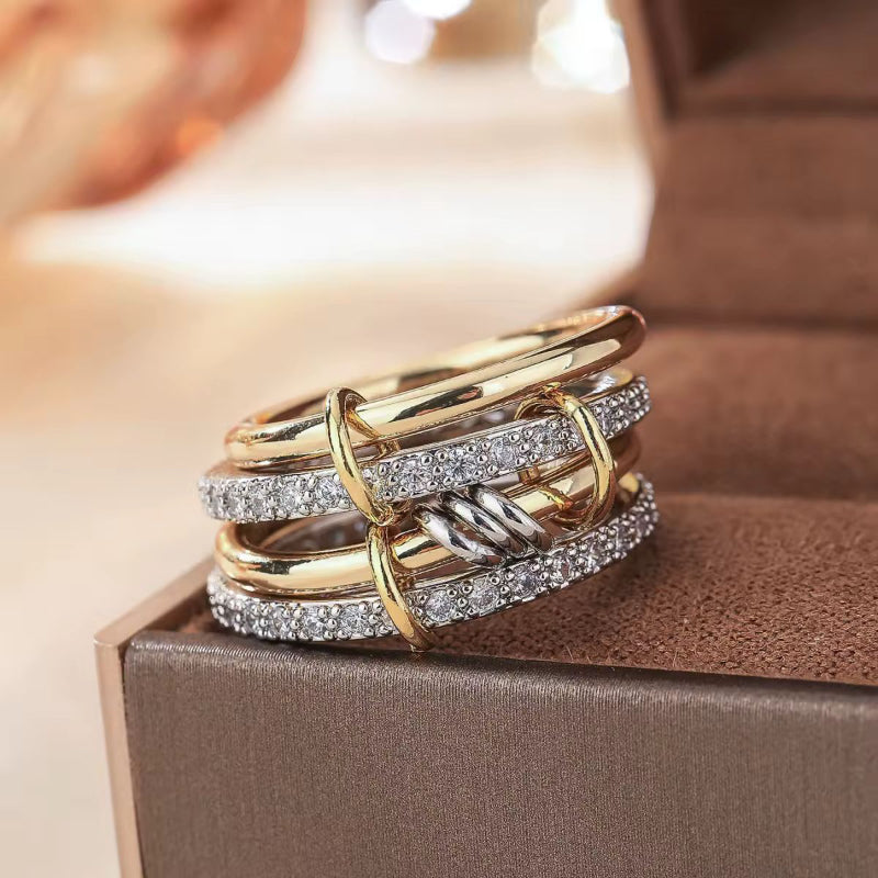 Mixed metal stacking ring for women with 18K gold plating, silver tones and zircon – trending jewelry 2025