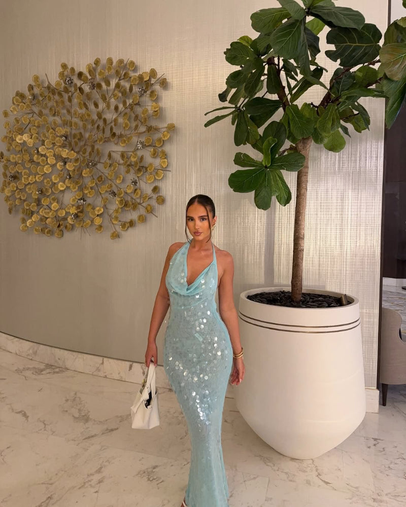 Elegant sequin maxi dress with waterfall neckline and open back, Formentera-inspired summer gown.