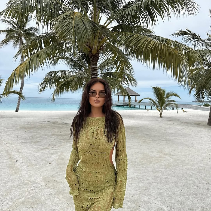 Sexy see-through olive green summer dress with shimmer – long sleeve resortwear for beach and vacation