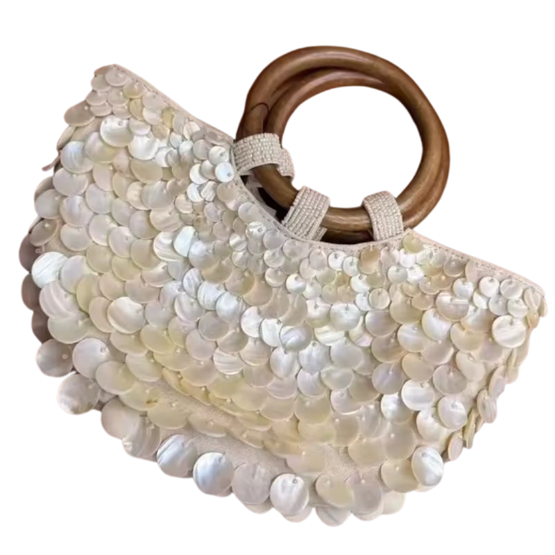SHELLA handmade straw clutch with wooden handle and shimmering shell disc design – 36x28cm