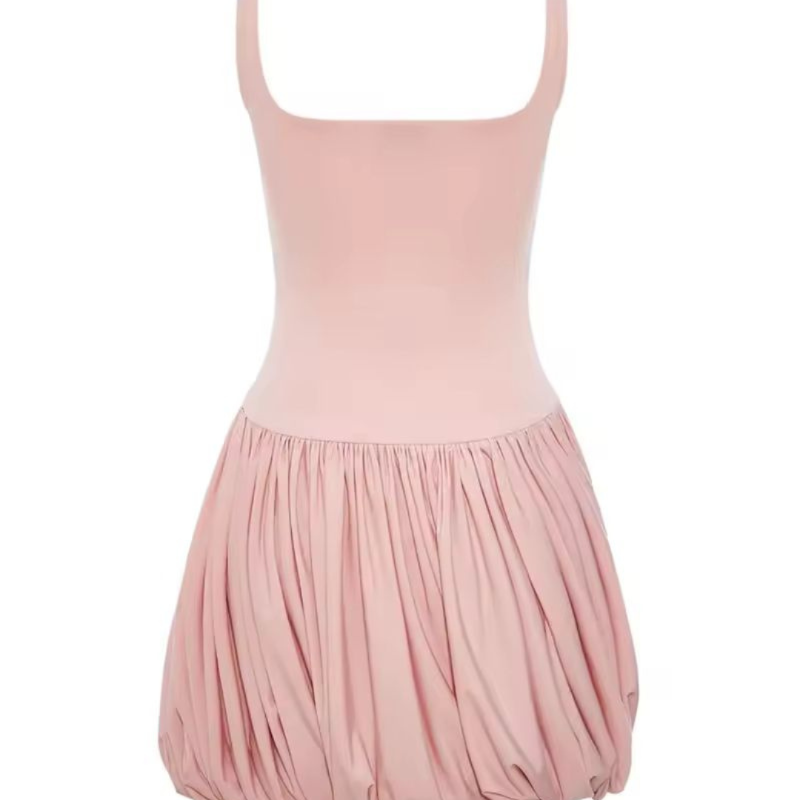 Blush pink and white mini dress with structured fit – sexy sleeveless bodycon with square neckline and open back.