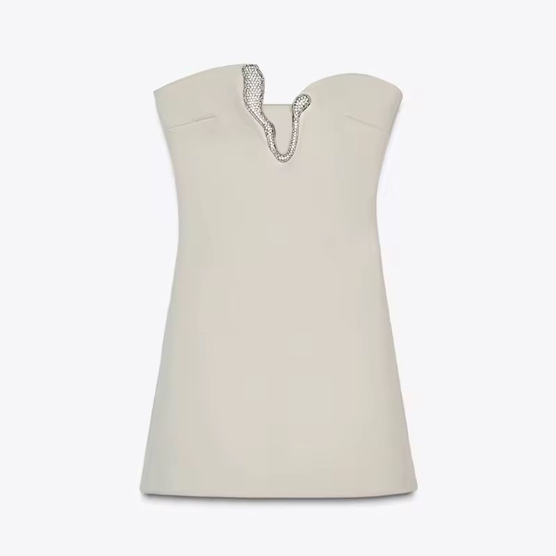 Stellar Curve strapless mini dress in beige with rhinestone V-neckline, elegant A-line fit.