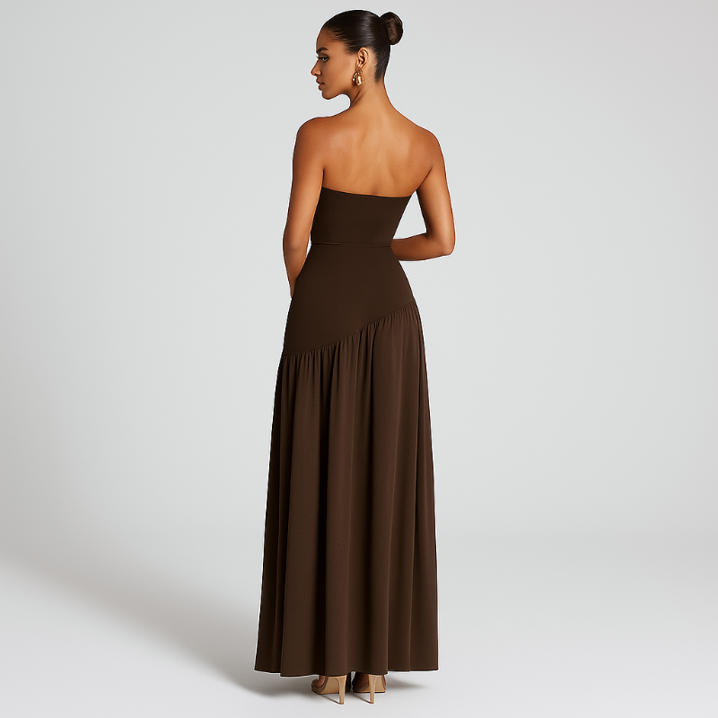 Close-up of the VICKY dress fabric and asymmetric waist detail in chocolate brown.
