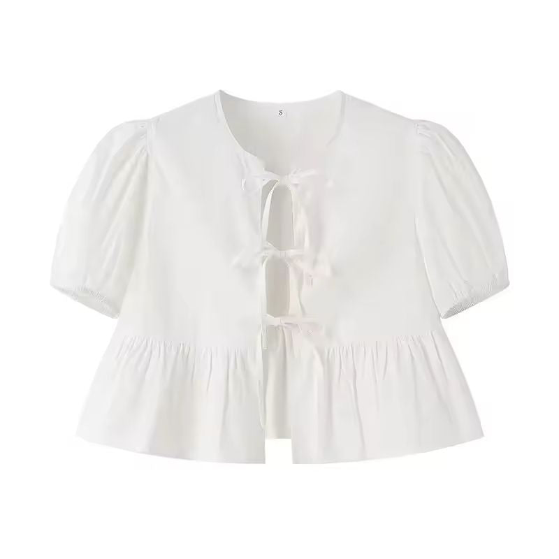 Lightweight white puff sleeve tie-front blouse with round neckline and relaxed fit, perfect for summer outfits.