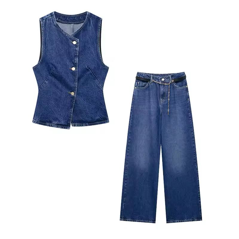 Vest & Wide-Leg Jeans, Spring/Summer 2025 Fashion, Comfortable and Stylish, Trendy Women’s Outfit with Mid-Rise Waist and Button Closure.