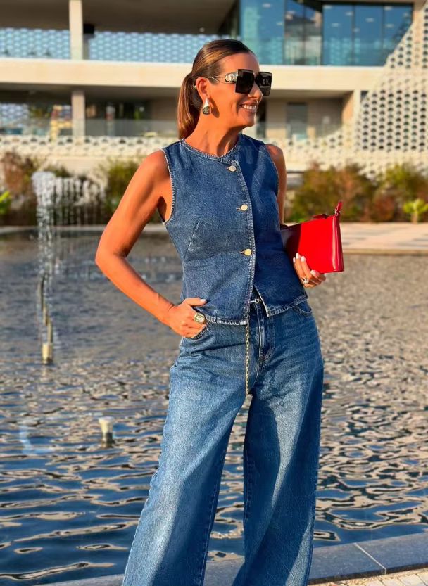 Vest & Wide-Leg Jeans, Spring/Summer 2025 Fashion, Comfortable and Stylish, Trendy Women’s Outfit with Mid-Rise Waist and Button Closure.