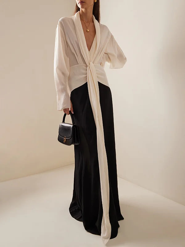 Elegant black and ivory A-line dress with V-neck and tie waist – formal evening gown for women