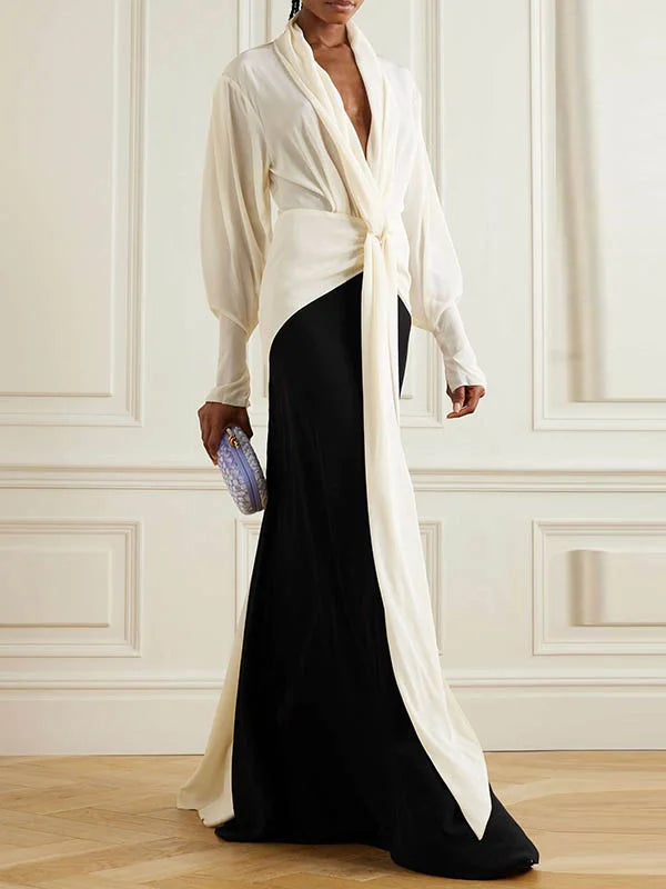 Elegant black and ivory A-line dress with V-neck and tie waist – formal evening gown for women