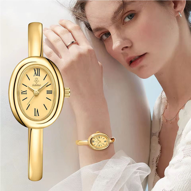 RomaElegance ladies oval watch – classic Roman numerals, gold case, Hardlex crystal