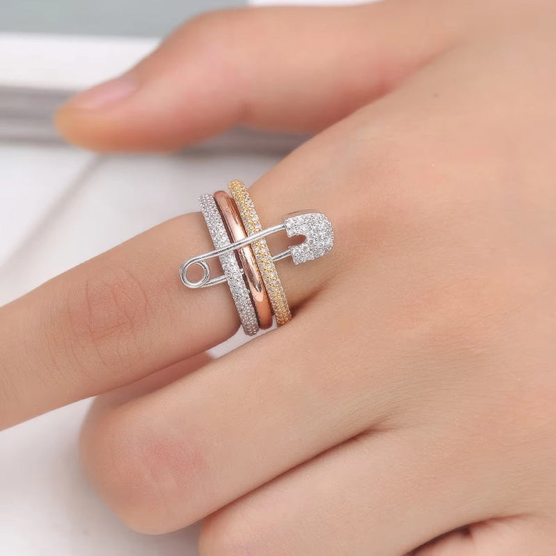 Gold-silver Triple Ring 2025 with safety design. Stylish shimmering for women