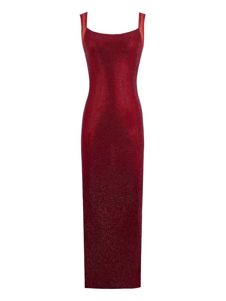 Ruby red glitter strap dress with hot diamond shimmer – stunning maxi gown for red carpet, evening party or formal celebration.