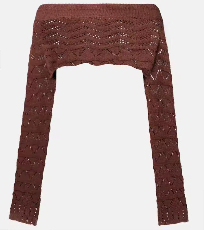 Close-up of crochet off-shoulder long sleeve crop top from Sahara Boho Outfit, featuring detailed knit design and soft, breathable material.