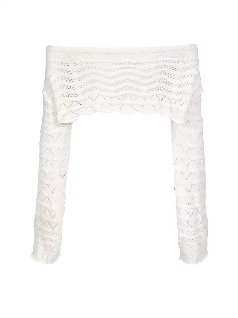 Close-up of crochet off-shoulder long sleeve crop top from Sahara Boho Outfit, featuring detailed knit design and soft, breathable material.