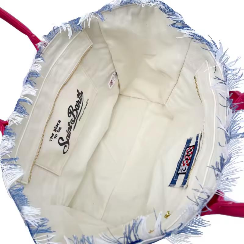 Extra-large Saint Barth canvas beach bag for women with boho fringe and summer script, oversized and handcrafted look.