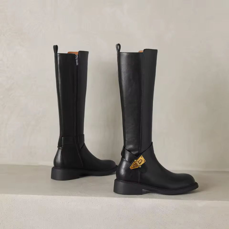 Side view Selene Luxe women’s knee high riding boots, leather, plush lining, 3.5 cm block heel, elegant winter collection 2025