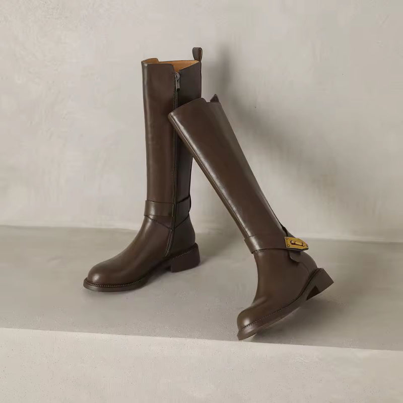 Selene Luxe women’s brown leather riding boots, knee high, round toe, 3.5 cm block heel, gold buckle, winter fashion 2025