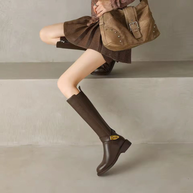 Selene Luxe black leather riding boots women, genuine cow leather, knee high, side zipper, gold buckle detail, winter boots 2025