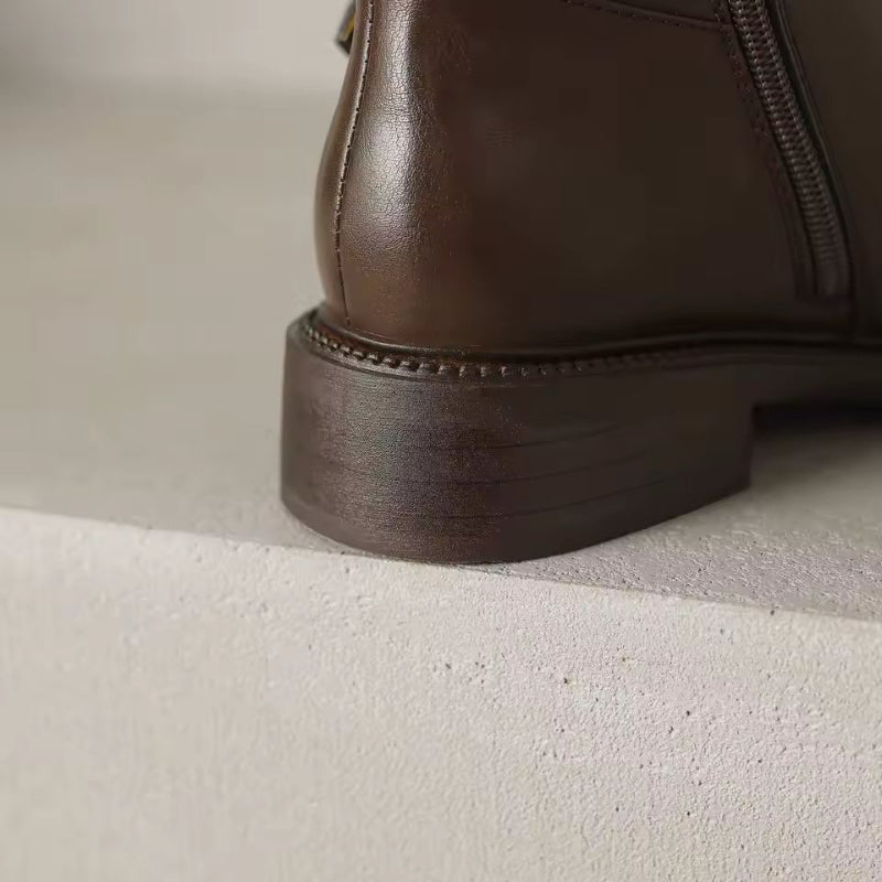 Detail view Selene Luxe leather riding boots women, gold buckle strap, zipper closure, genuine cowhide leather, luxury winter boots