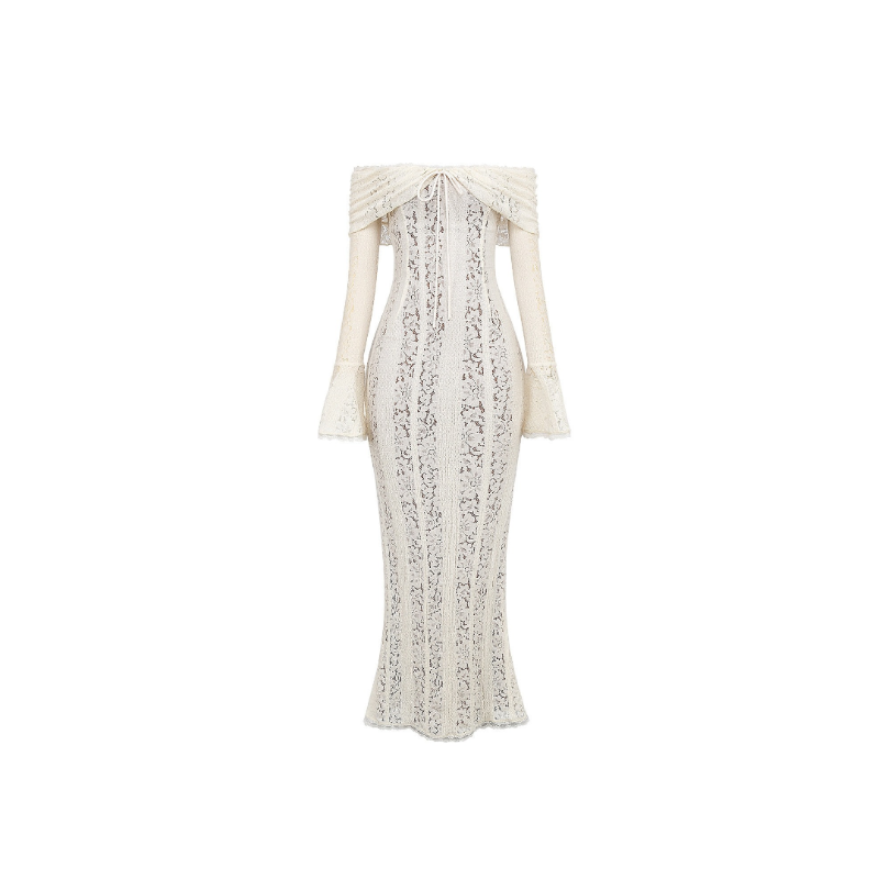 Ivory off-shoulder lace maxi dress with flared trumpet sleeves, ruched bust, tie front, and flowing train – romantic floor-length bridal gown with sculpted fit, ideal for weddings and formal occasions.