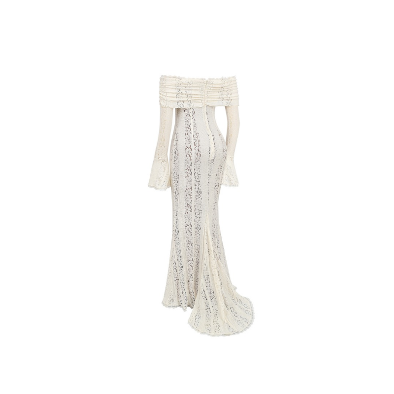 Ivory off-shoulder lace maxi dress with flared trumpet sleeves, ruched bust, tie front, and flowing train – romantic floor-length bridal gown with sculpted fit, ideal for weddings and formal occasions.