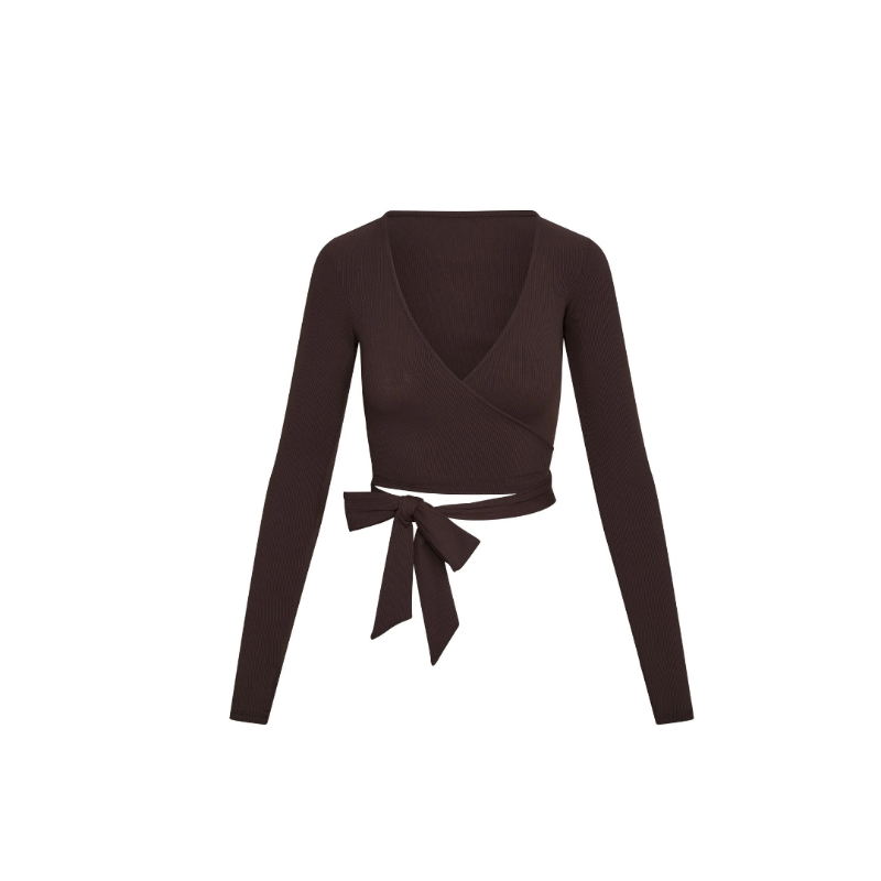 Soft-touch wrap blouse for women – cotton polyester mix, body-hugging, tie back – stylish neutral top