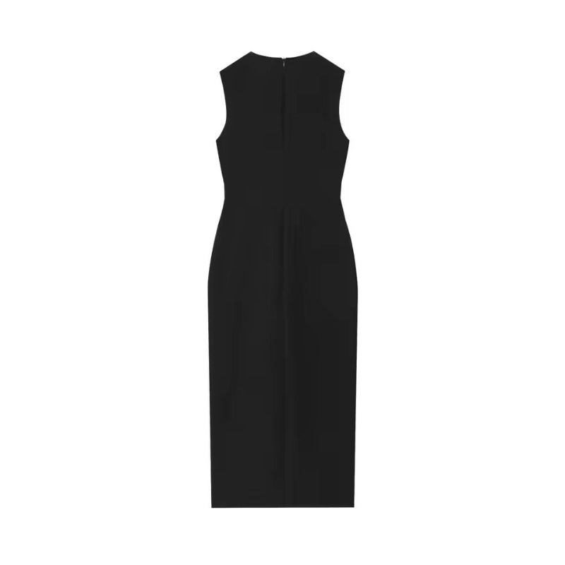 Timeless belted midi dress in brown polyester with gold buttons – sleeveless women’s style
