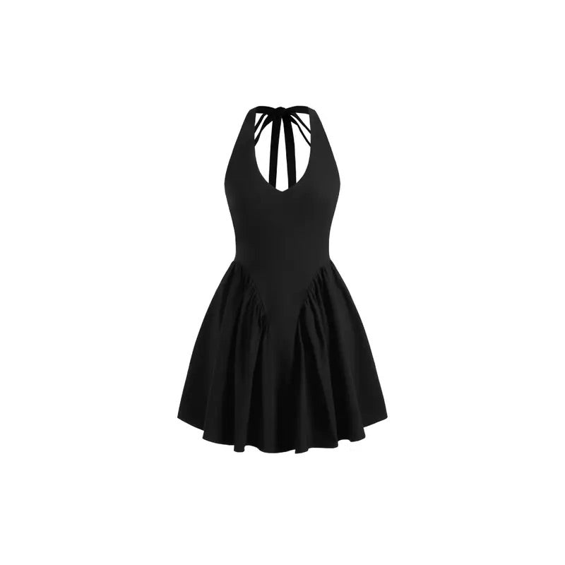 Simple neckholder dress with a chic back cutout, made from stretchy, soft jersey fabric. The dress offers a regular fit for all body types and is perfect for summer, parties, casual outings, and special occasions. Easy-care and durable, it maintains its shape after multiple washes.