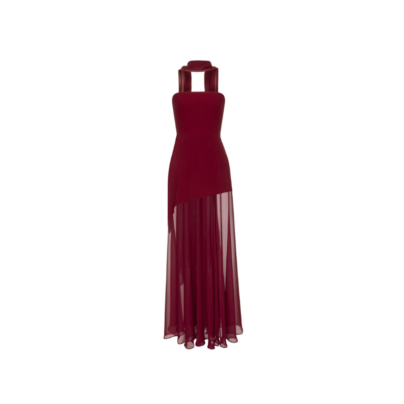 Elegantes rotes Abendkleid mit asymmetrischem Saum und fließendem Rock
Elegant red evening gown with asymmetrical hem and flowing chiffon skirt