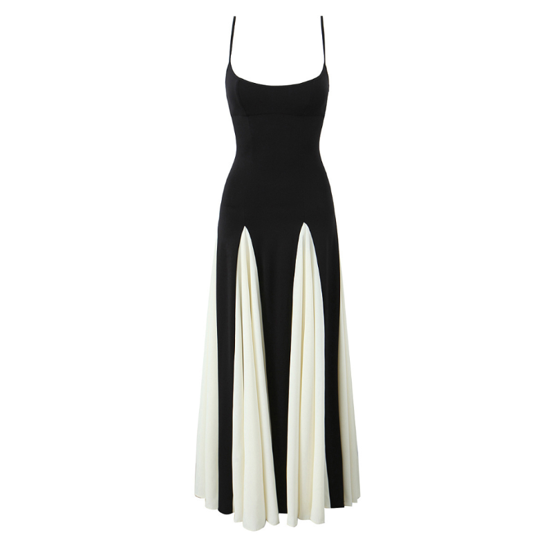 Luxury black and white maxi evening dress for women with white contrast panels, fitted top, thin spaghetti straps, and flowing flared skirt – Solène by Chic and Charm.