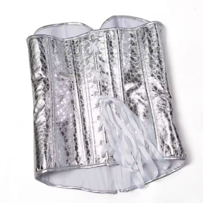 Silver Starlight Diva corset top for women, adjustable lace-up back, metallic faux leather for stage and special events