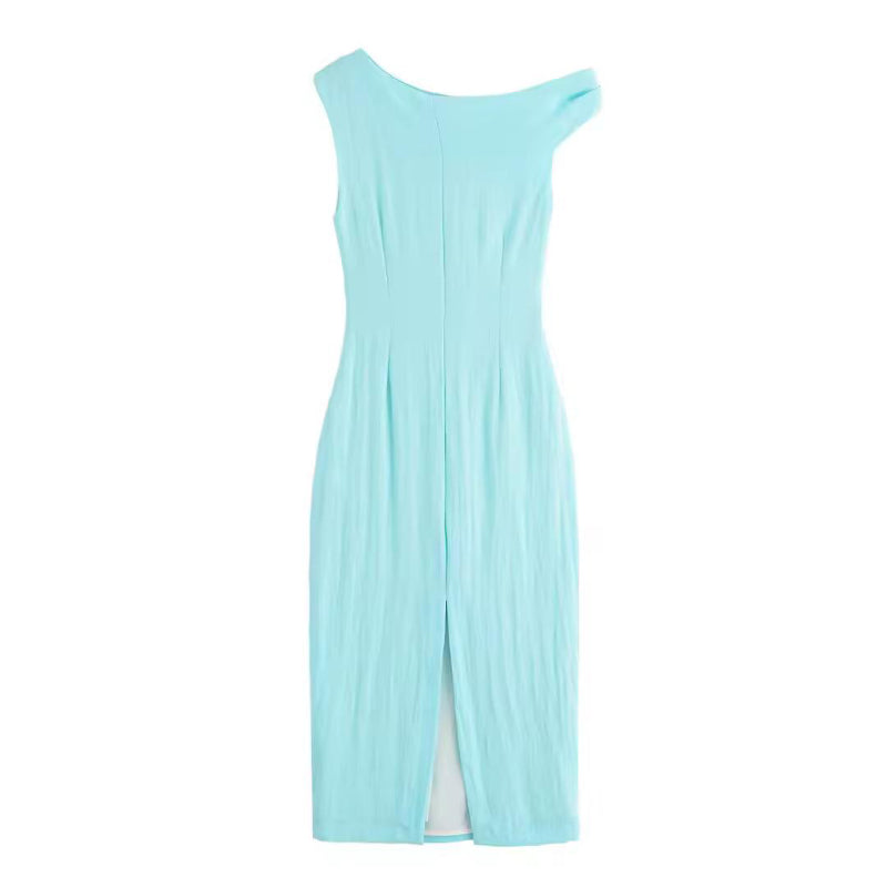 Turquoise linen blend dress with hidden zipper, high quality back closure, structured non-stretch fabric, elegant one-shoulder midi dress detail