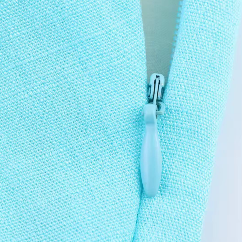 Turquoise linen blend dress with hidden zipper, high quality back closure, structured non-stretch fabric, elegant one-shoulder midi dress detail