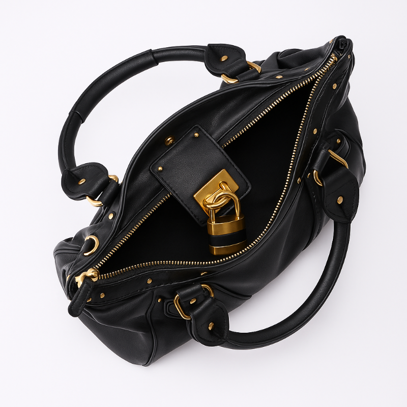 Black structured PU leather handbag with gold padlock and dual handles – The CHARM LOCK Bag by Chic & Charm.