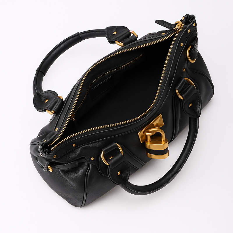 Black structured PU leather handbag with gold padlock and dual handles – The CHARM LOCK Bag by Chic & Charm.