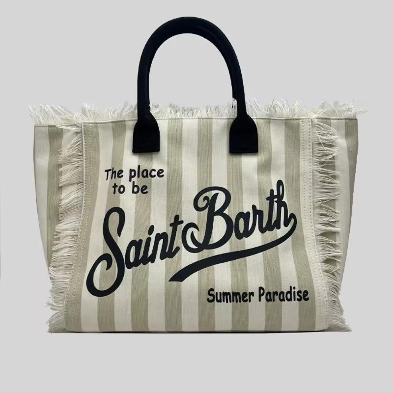 Extra-large Saint Barth canvas beach bag for women with boho fringe and summer script, oversized and handcrafted look.