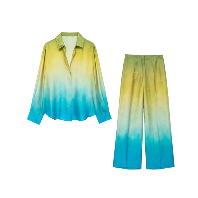 Two-piece ombre outfit with yellow to blue gradient – button-up shirt with collar and high-waisted wide-leg pants in soft polyester.