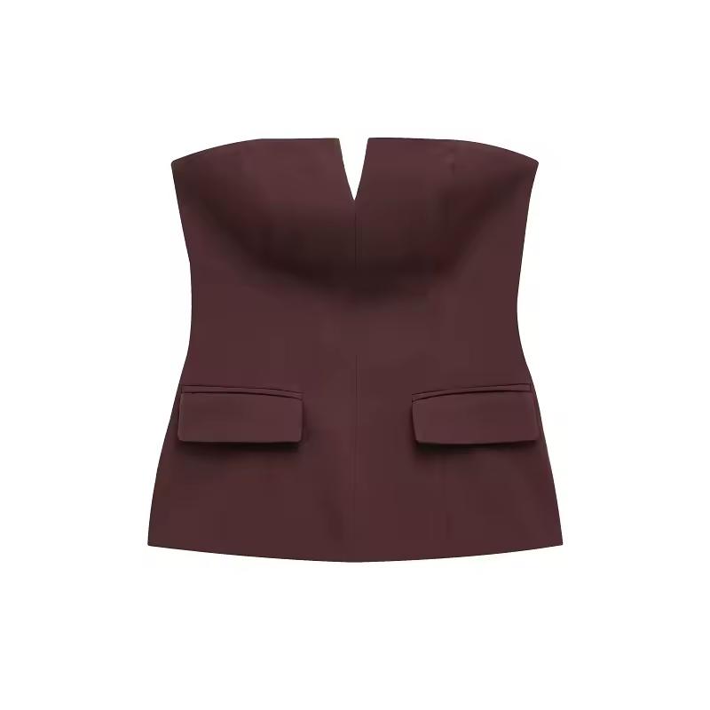 Velour Kiss Top in brown – elegant sleeveless wool-blend vest with V-notch neckline and pockets
