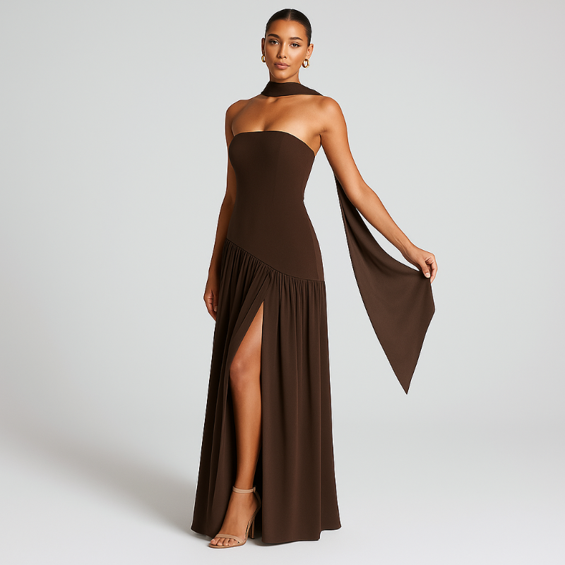 Back view of the VICKY maxi dress showing the bandeau design and flowing A-line silhouette