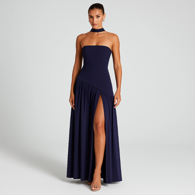 Elegant formal evening dress for women – strapless maxi with slit and matching scarf.