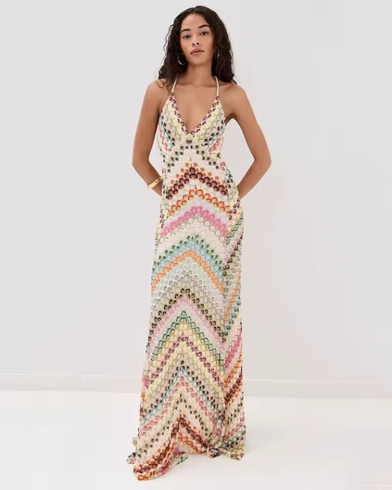 Wild Orchid Dress asymmetrical floral maxi dress with V-neck and colorful pattern, perfect for summer beach look